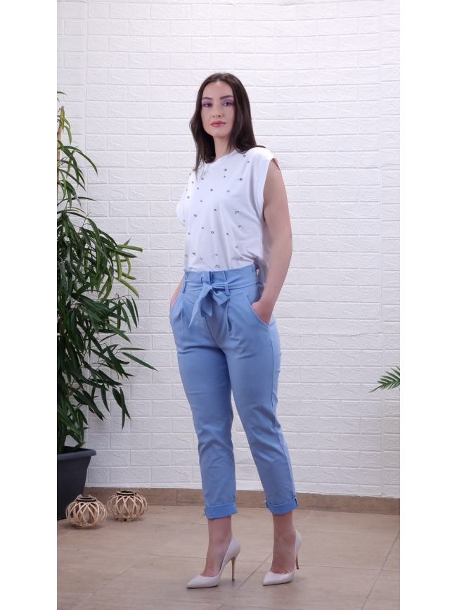 Παντελόνι ψηλόμεσο με λάστιχο και ζώνη-Σιέλ