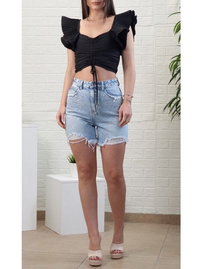 Crop top βολάν σφηκοφωλιά λάστιχο-Μαύρο