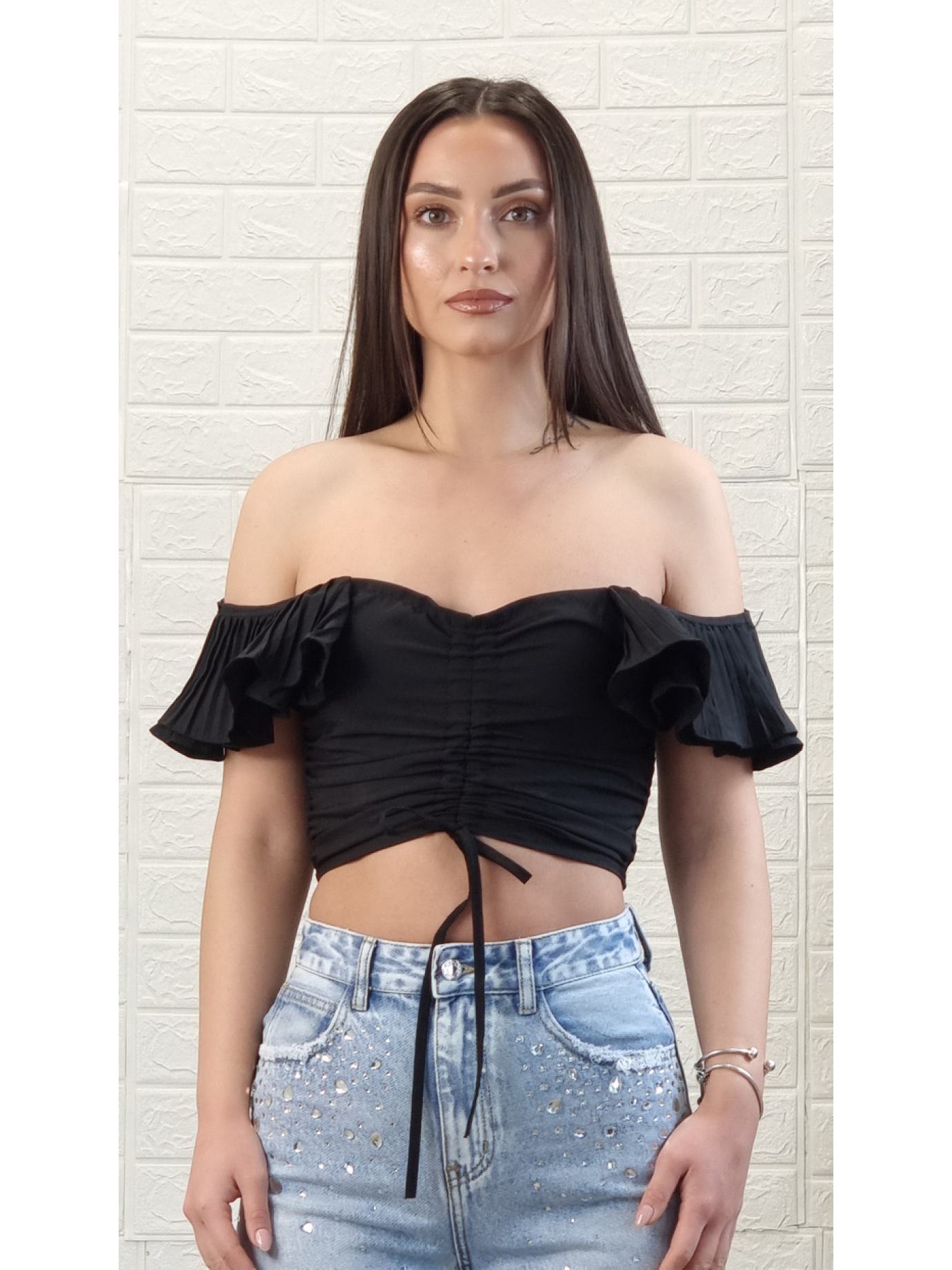 Crop top βολάν σφηκοφωλιά λάστιχο-Μαύρο