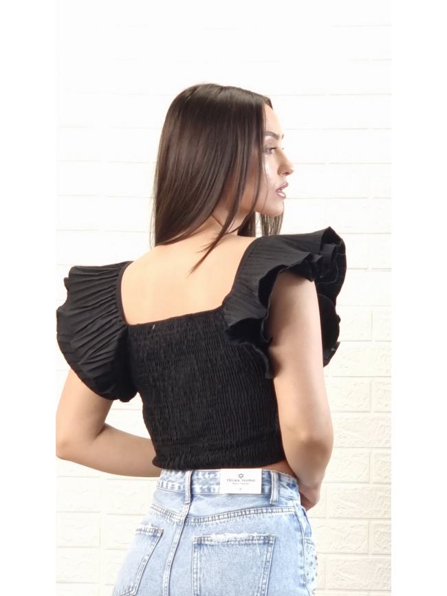 Crop top βολάν σφηκοφωλιά λάστιχο-Μαύρο