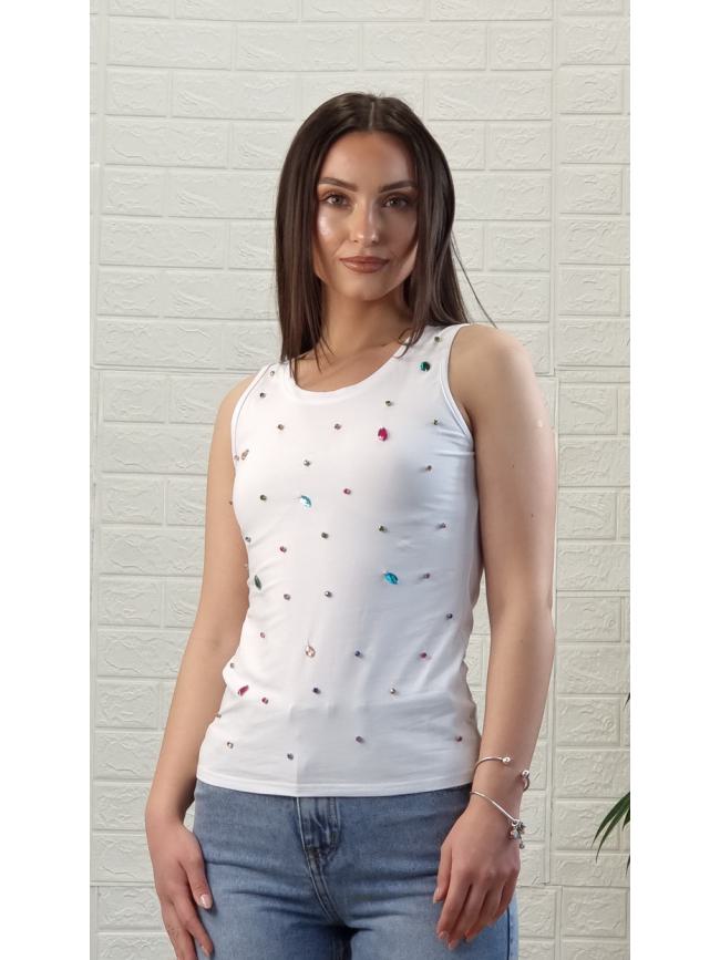 Μπλούζα αμάνικη πέτρες στρας χρωματιστές-Λευκό