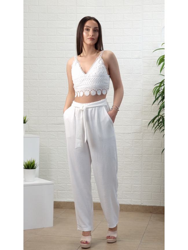 Παντελόνα με λάστιχο στη μέση-Λευκό