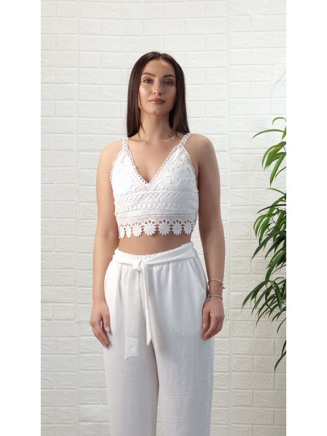 Crop top τιράντα και δαντέλα-Λευκό