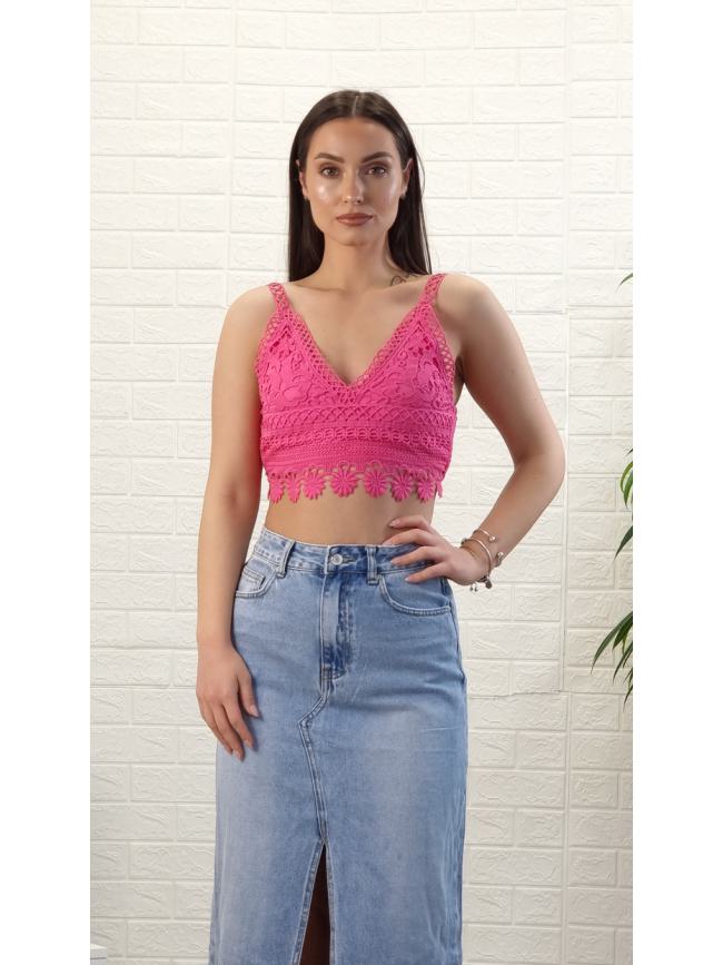 Crop top τιράντα και δαντέλα-Φούξια
