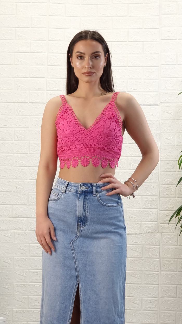 Crop top τιράντα και δαντέλα-Μαύρο