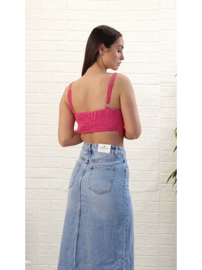 Crop top τιράντα και δαντέλα-Φούξια