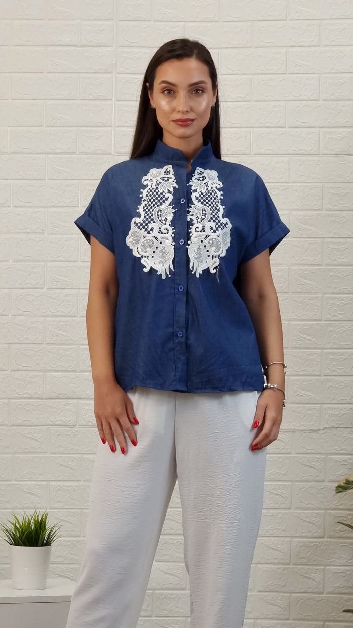 Πουκάμισο βαμβακερό με δαντέλα-Μπλέ ραφ