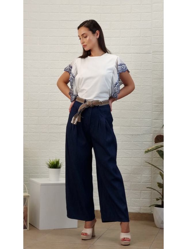 Παντελόνα με λάστιχο και ζώνη-Μπλέ