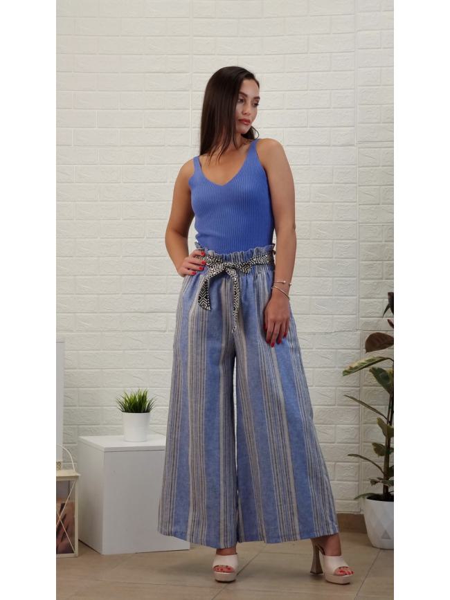 Παντελόνα βαμβακερή ριγέ με λάστιχο- Μπλέ