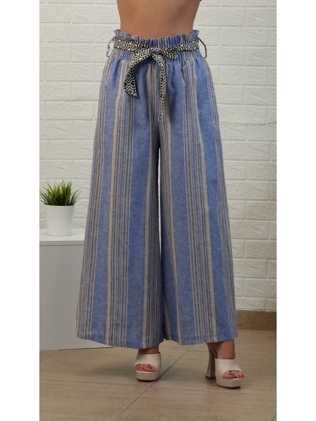 Παντελόνα βαμβακερή ριγέ με λάστιχο- Μπλέ