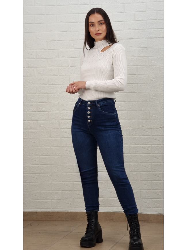 Τζιν ψηλόμεσο παντελόνι με κουμπιά- Μπλε