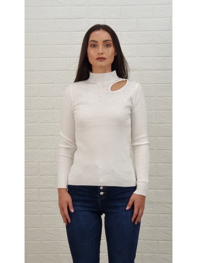 Μπλούζα άνοιγμα και στρας-Λευκό