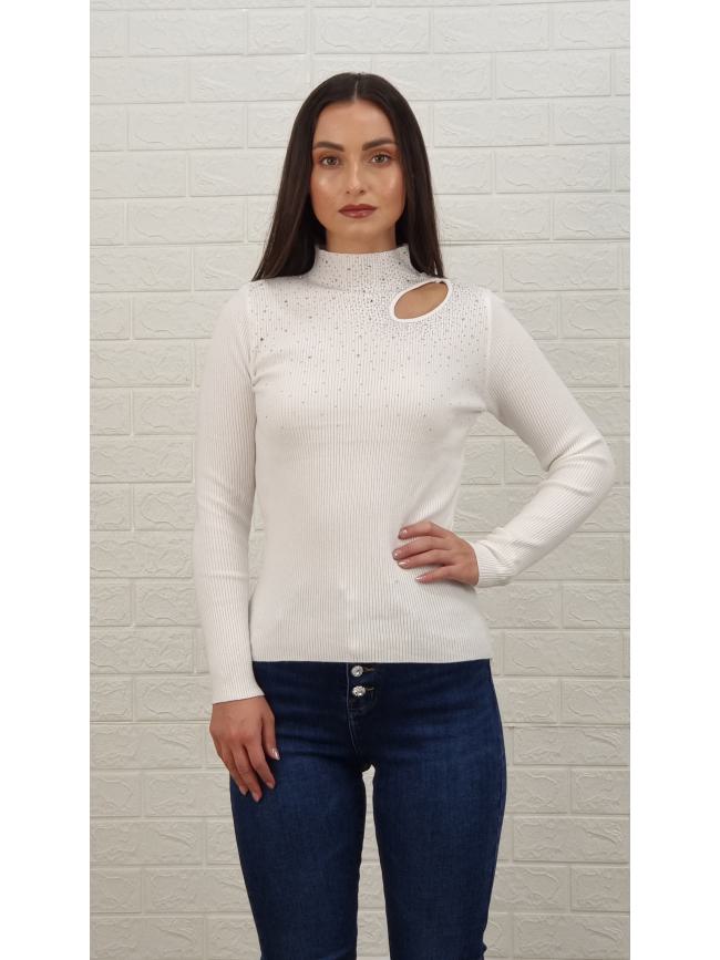 Μπλούζα άνοιγμα και στρας-Λευκό