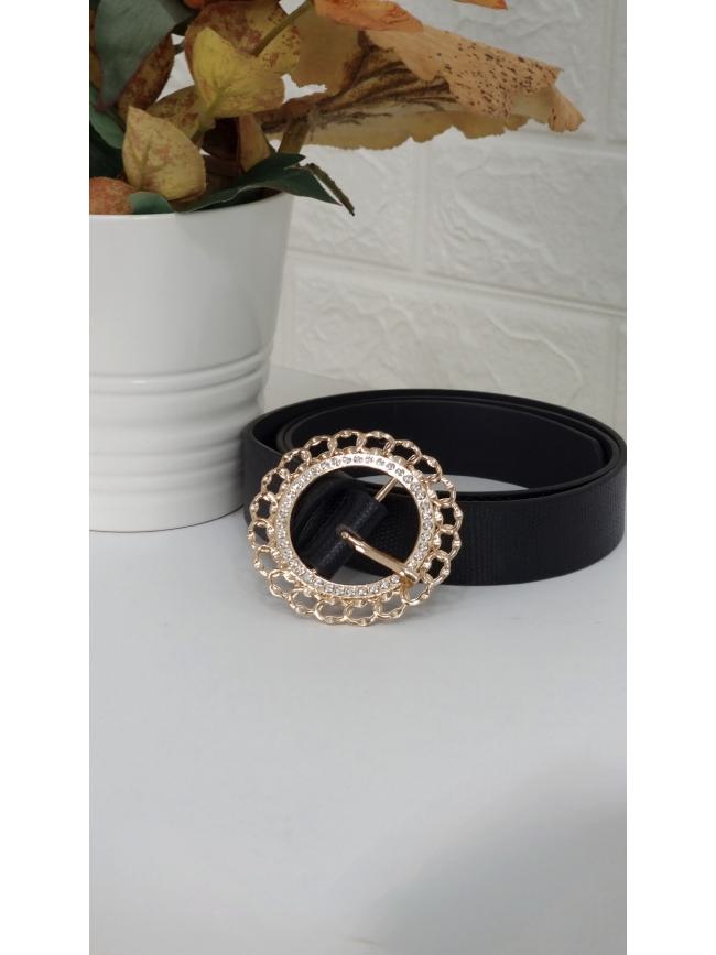 Ζώνη δερματίνη με στρόγγυλο τοκά στρας- Μαύρο