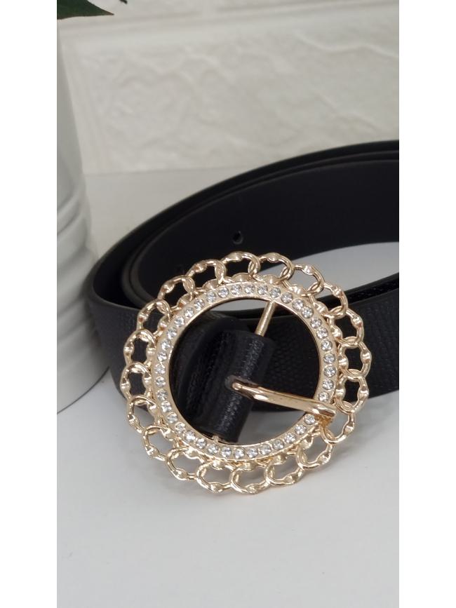 Ζώνη δερματίνη με στρόγγυλο τοκά στρας- Μαύρο