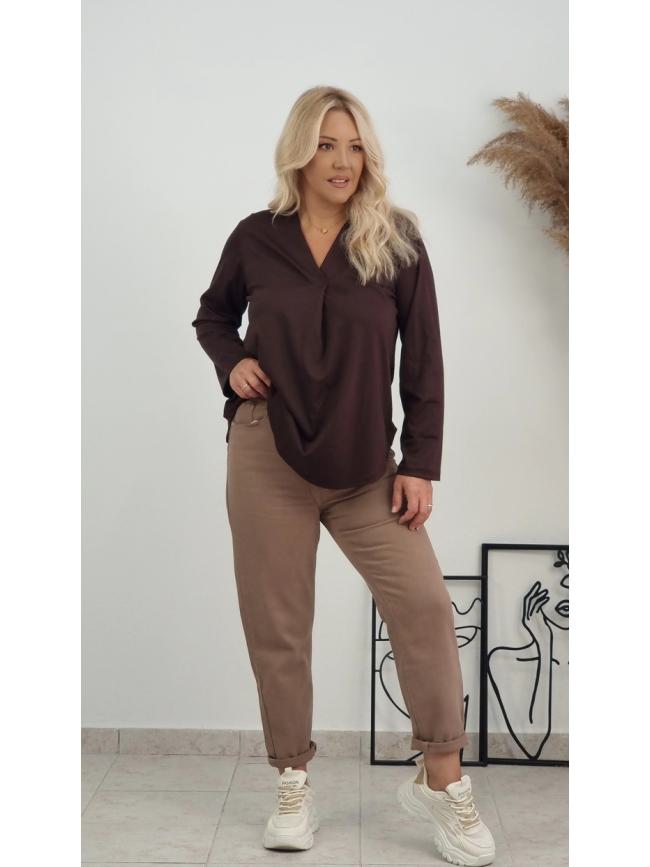Mπλούζα μακρυμάνικη με V λαιμόκοψη-Καφέ
