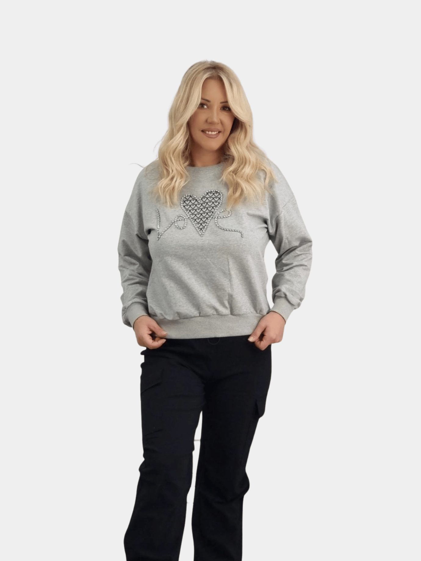 Μπλούζα στρας σχέδιο καρδιά-Γκρι Μπλούζα στρας σχέδιο καρδιά-Γκρι