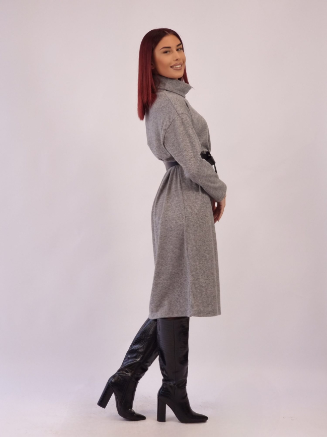 Φόρεμα Μίντι Πλεκτό με Ζώνη - Γκρι