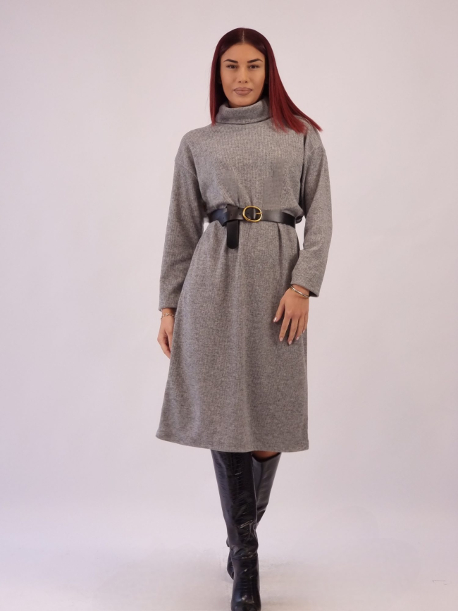 Φόρεμα Μίντι Πλεκτό με Ζώνη - Γκρι