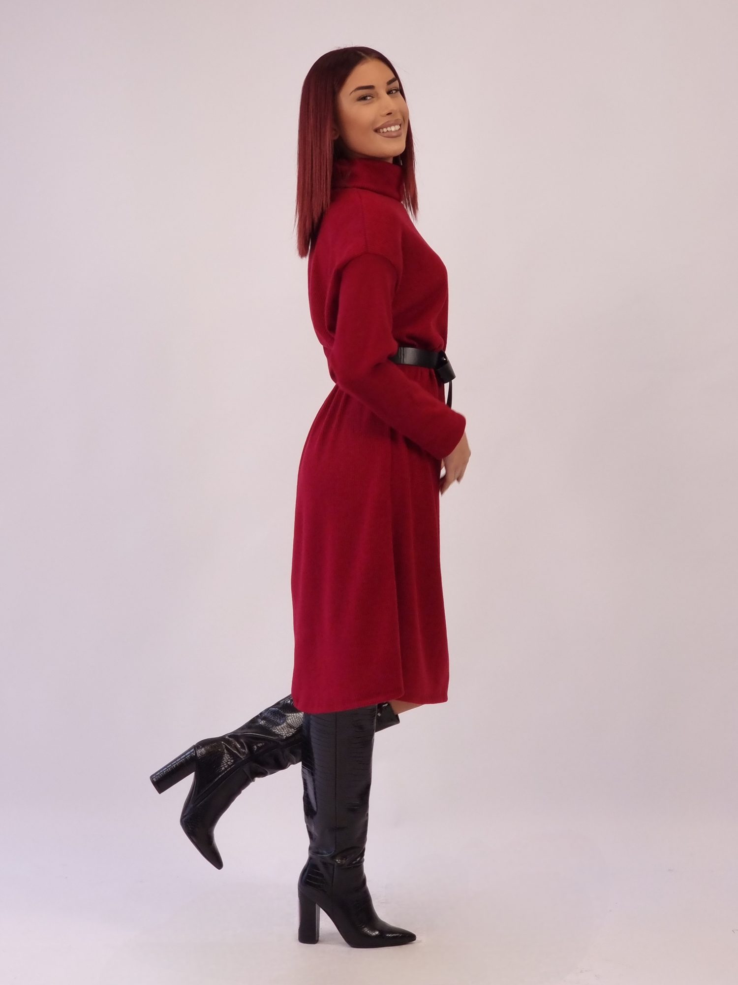 Φόρεμα Μίντι Πλεκτό με Ζώνη - Γκρι Φόρεμα Μίντι Πλεκτό με Ζώνη - Γκρι