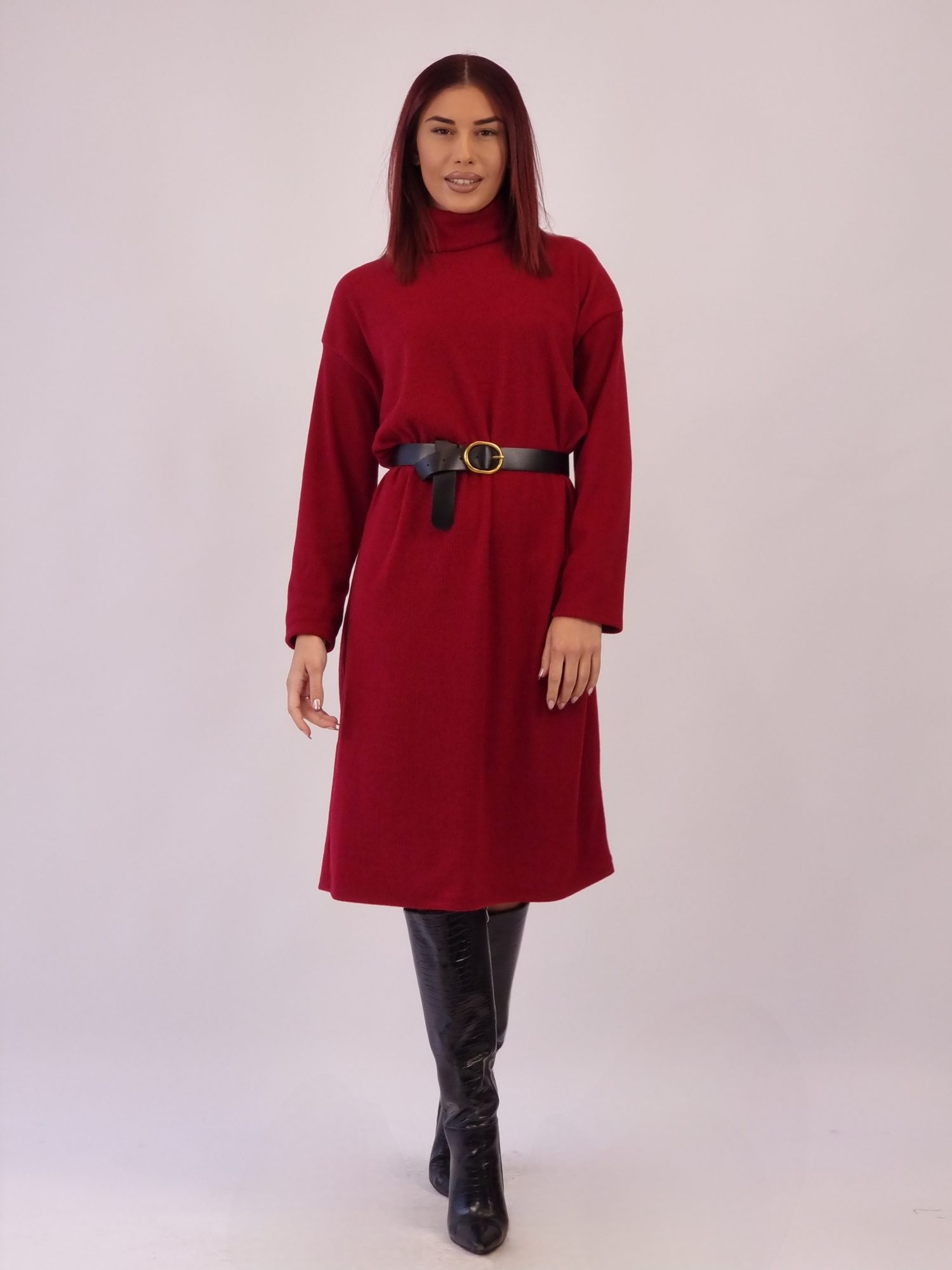 Φόρεμα Μίντι Πλεκτό με Ζώνη - Γκρι