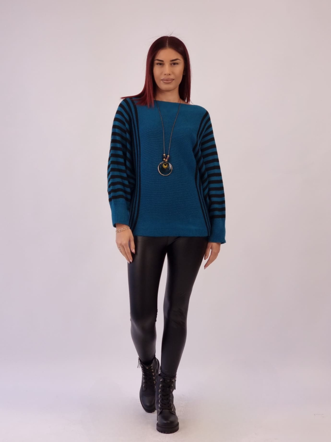 Μπλούζα Πλεκτή Ρίγες Με Κολιέ - Πετρόλ