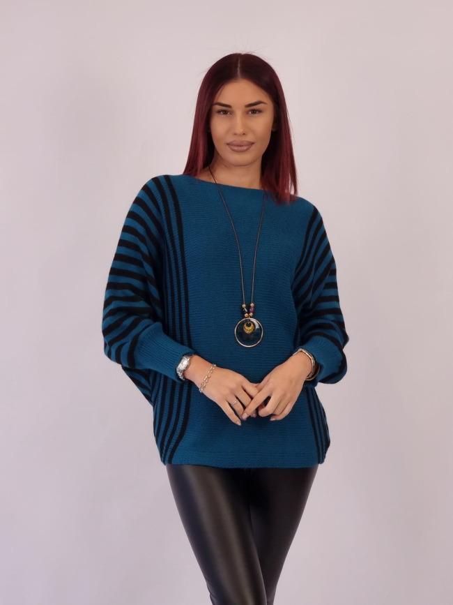Μπλούζα Πλεκτή Ρίγες Με Κολιέ - Πετρόλ
