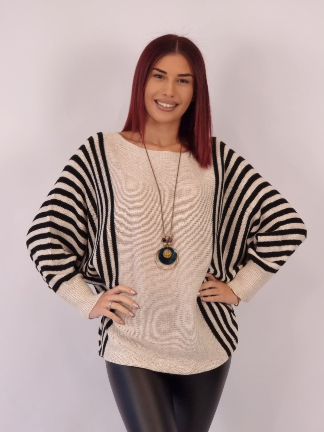 Μπλούζα Πλεκτή Ρίγες Με Κολιέ -Εκρού