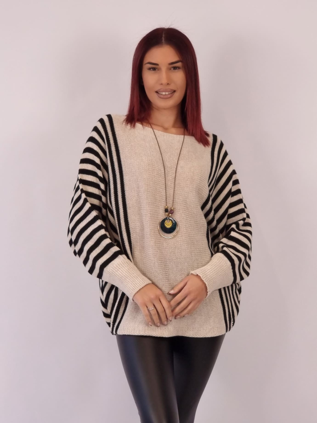 Μπλούζα Πλεκτή Ρίγες Με Κολιέ -Εκρού