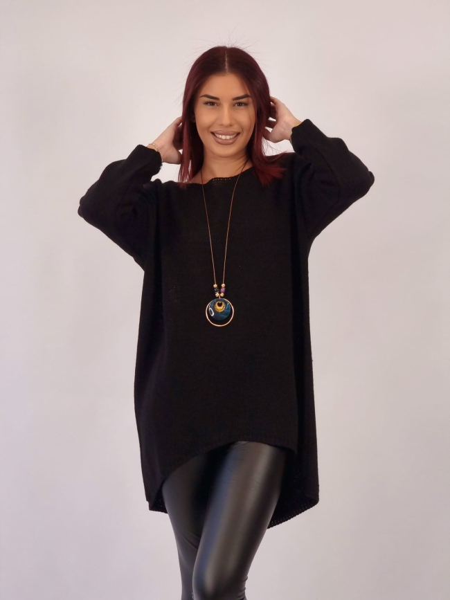 Μπλούζα Μακριά Πλεκτή Με Κολιέ - Μαύρο