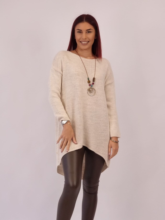 Μπλούζα Μακριά Πλεκτή Με Κολιέ - Μπεζ