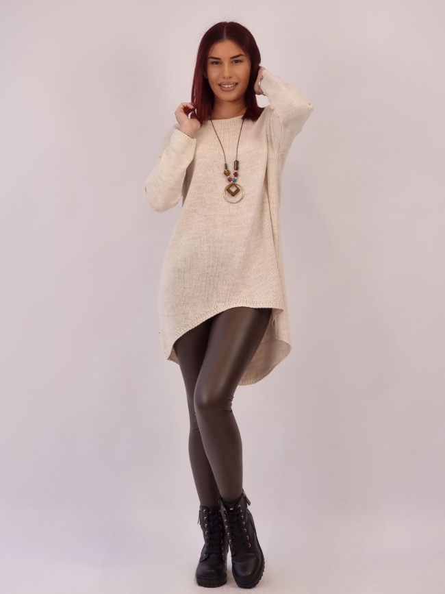 Μπλούζα Μακριά Πλεκτή Με Κολιέ - Μπεζ