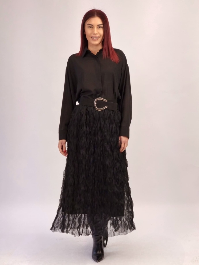 Φούστα Μάξι Γκοφρέ Τούλι -Μαύρο Φούστα Μάξι Γκοφρέ Τούλι -Μαύρο