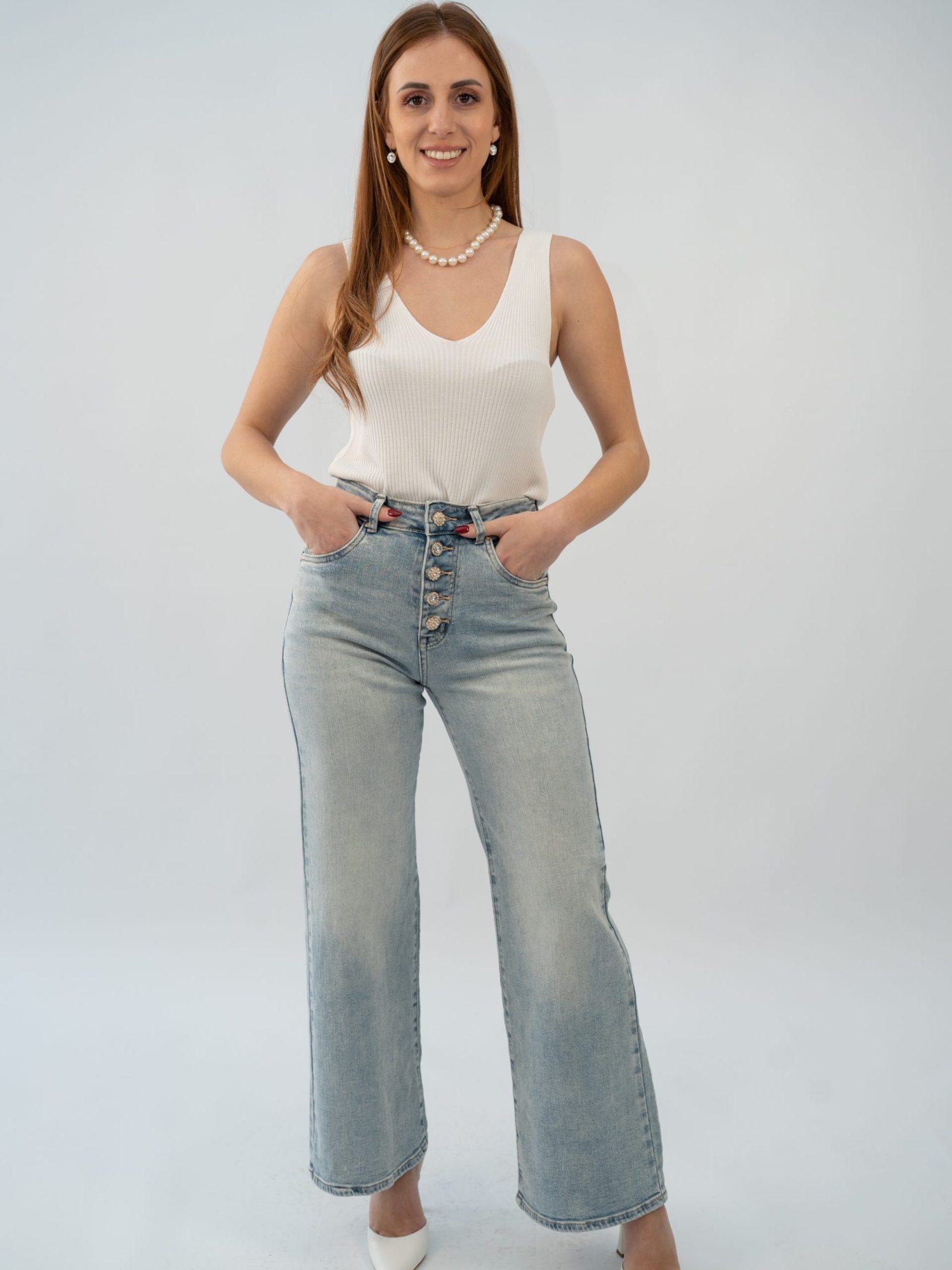 Τζίν Παντελόνι ψηλόμεσο κουμπιά στρας - Μπλέ Τζίν Παντελόνι ψηλόμεσο κουμπιά στρας - Μπλέ