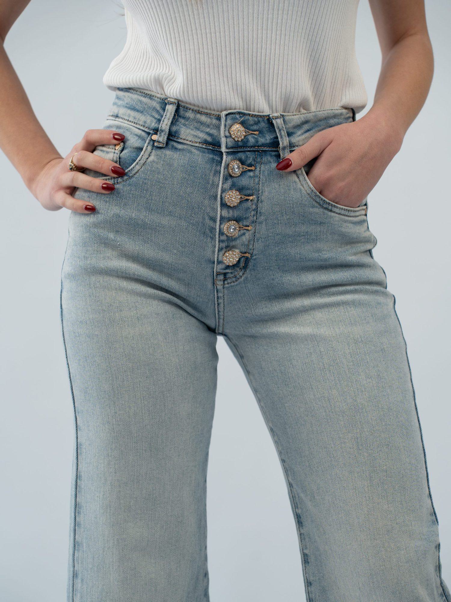 Τζίν Παντελόνι ψηλόμεσο κουμπιά στρας - Μπλέ Τζίν Παντελόνι ψηλόμεσο κουμπιά στρας - Μπλέ