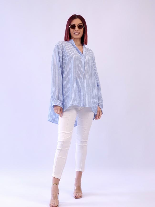 Πουκαμίσα ασύμμετρη ριγέ λινό - Μπέζ