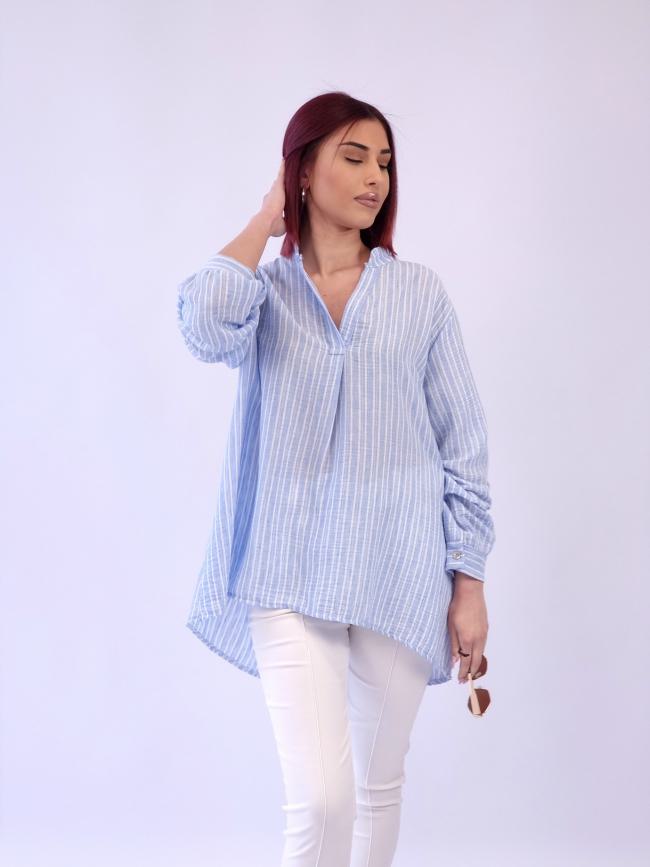 Πουκαμίσα ασύμμετρη ριγέ λινό - Μπέζ