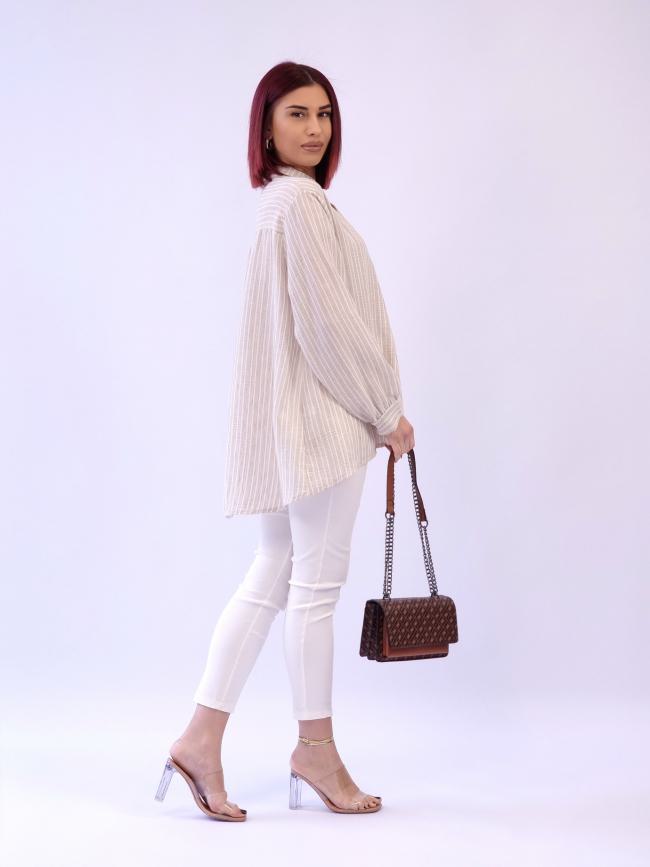 Πουκαμίσα ασύμμετρη ριγέ λινό - Μπέζ