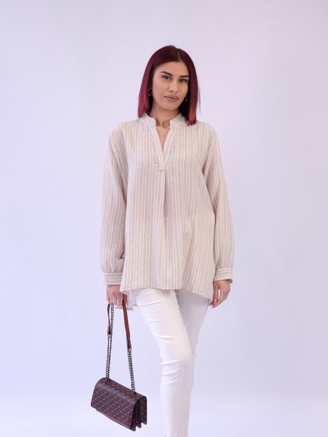 Πουκαμίσα ασύμμετρη ριγέ λινό - Μπέζ