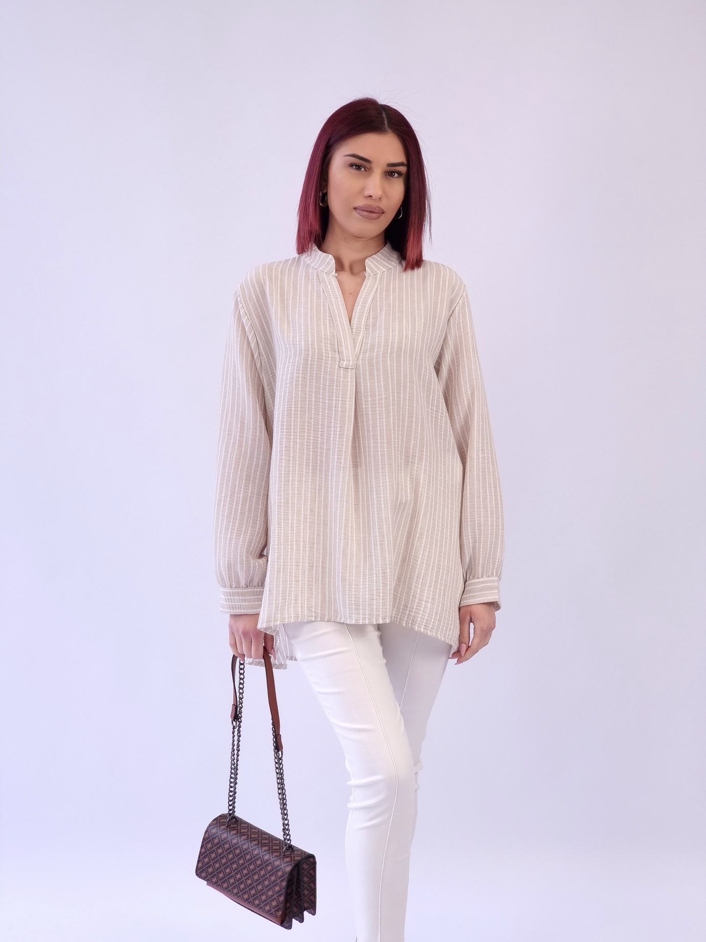 Πουκαμίσα ασύμμετρη ριγέ λινό - Μπέζ