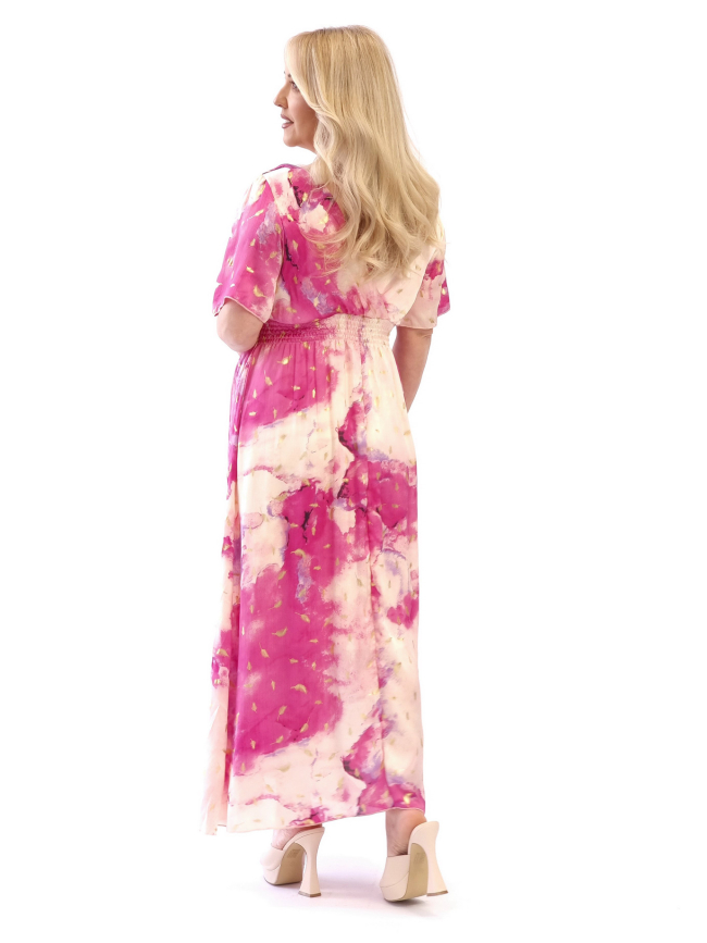 Φόρεμα μάξι με λάστιχο -Ρόζ Κρέμ