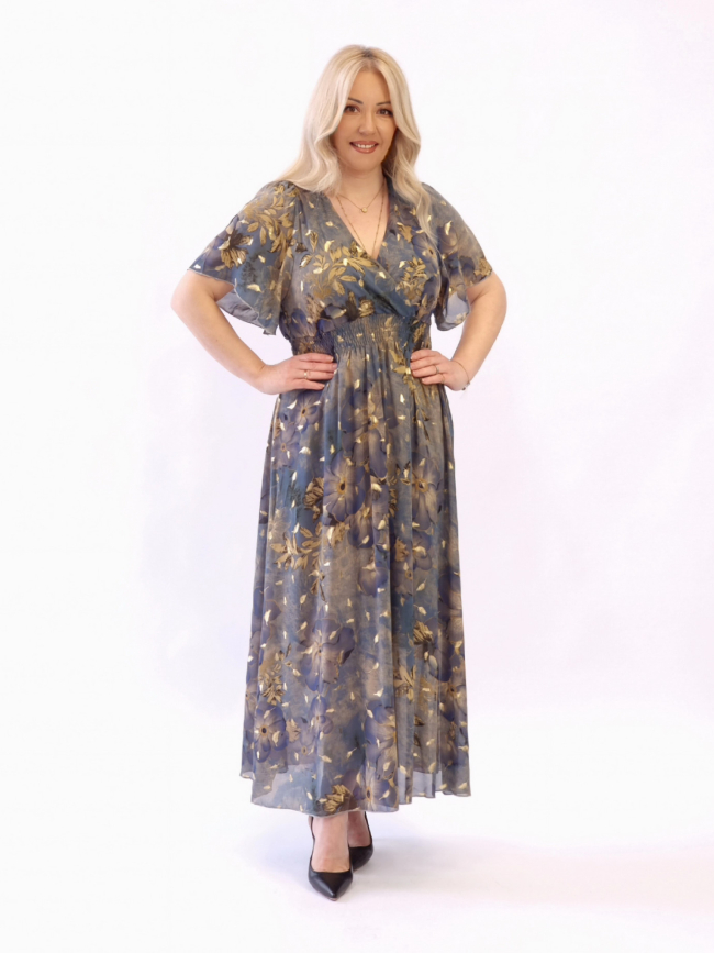 Φόρεμα μάξι με λάστιχο -Πετρόλ