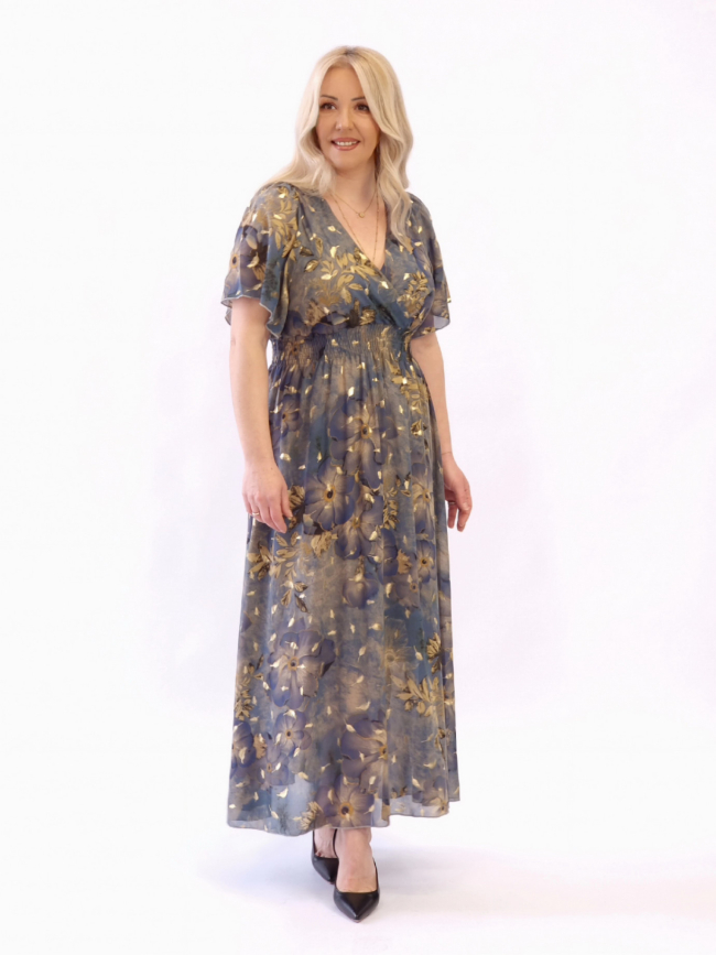 Φόρεμα μάξι με λάστιχο -Πετρόλ