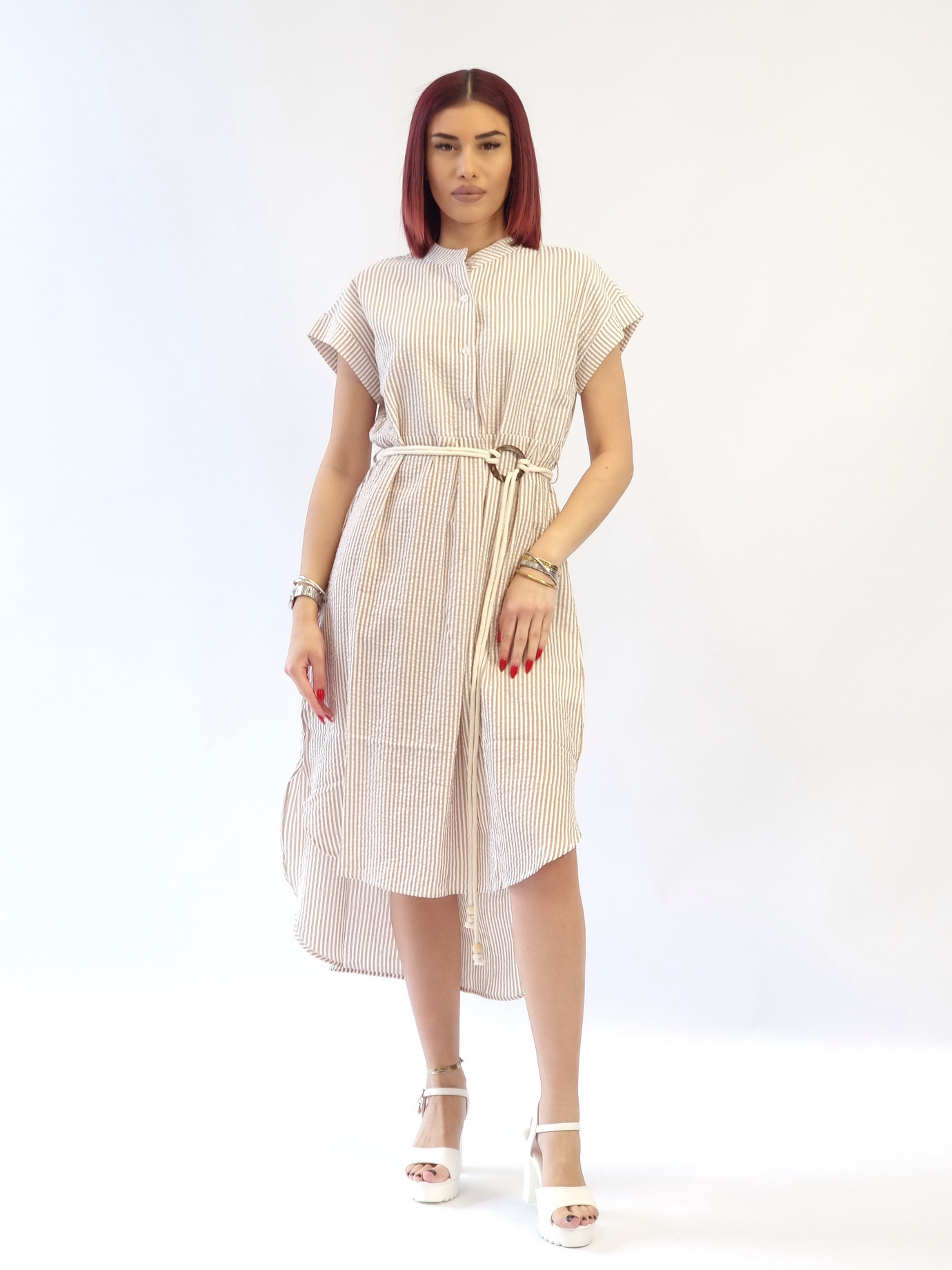 Φόρεμα βαμβακερό ριγέ με ζώνη-Σιέλ