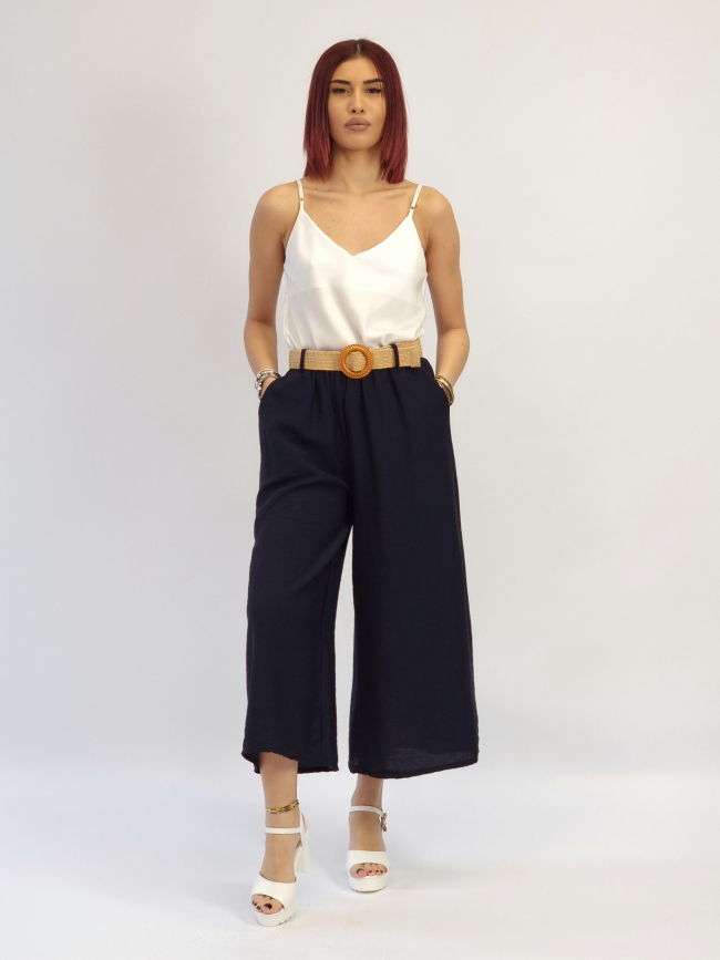 Ζιπ κιλότ βισκόζη με λάστιχο-Μπλε σκούρο