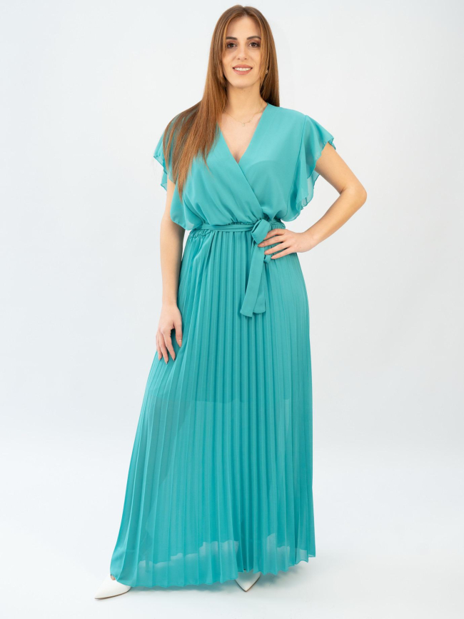 Φόρεμα μάξι κρουαζέ πλισέ-Τιρκουάζ