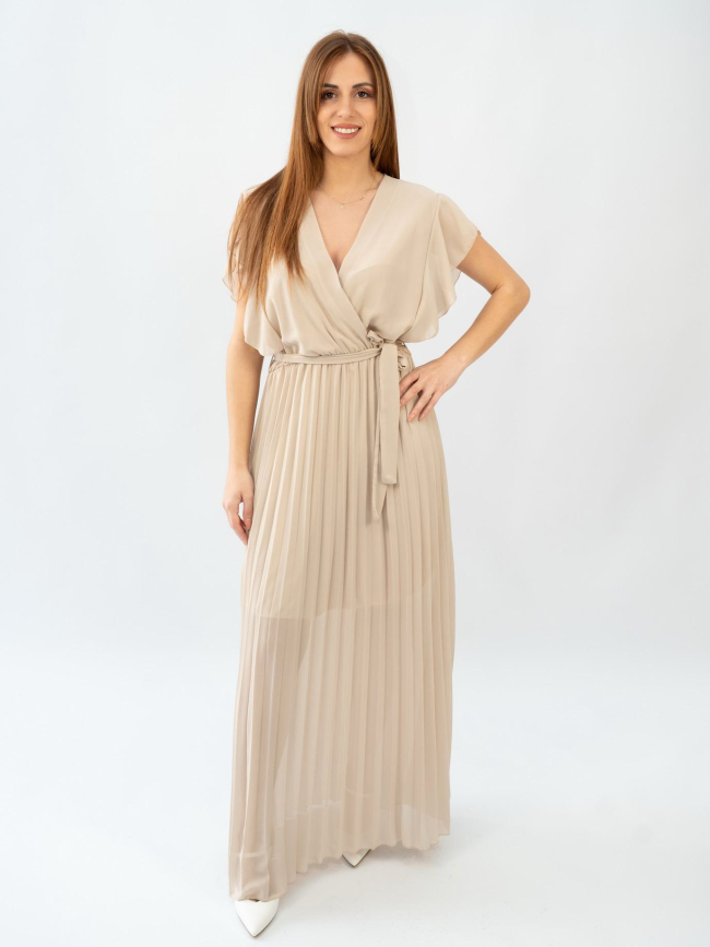 Φόρεμα μάξι κρουαζέ πλισέ-Μπεζ