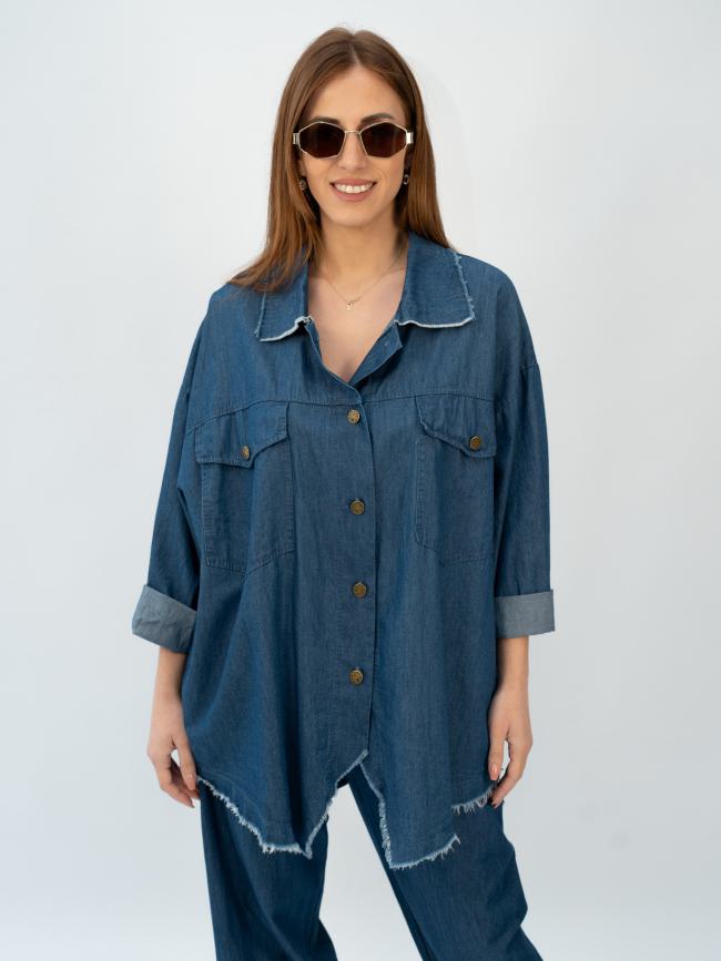 Πουκάμισο τζίν tencel με ξέφτια - Μπλέ