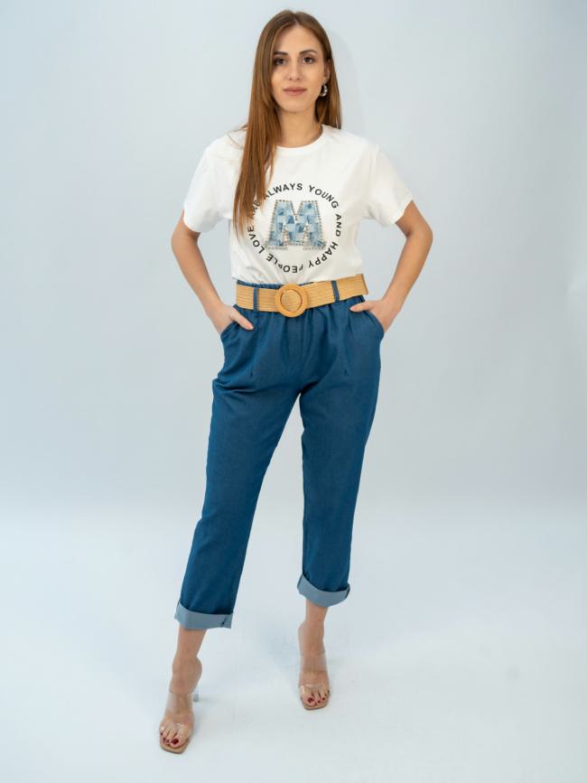 Παντελόνι chambray με ελαστική ζώνη -Μπλέ