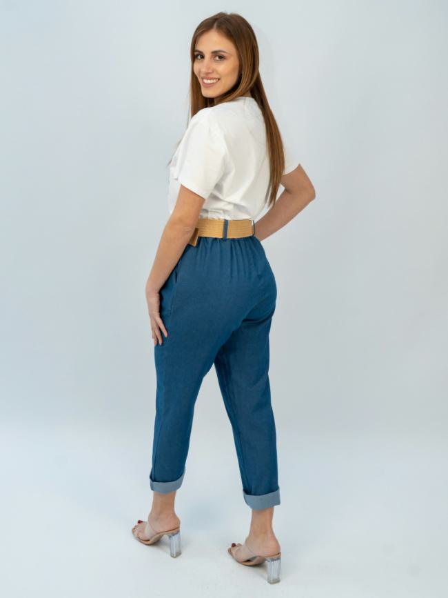 Παντελόνι chambray με ελαστική ζώνη -Μπλέ
